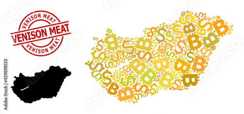 Grunge Venison Meat badge, and money mosaic map of Hungary. Red round badge contains Venison Meat caption inside circle. Map of Hungary mosaic is made of money, funding, bitcoin golden parts.
