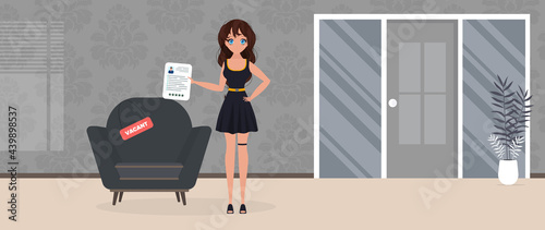 Girl shows on a vacant place. Cup in the shape of an office chair. The concept of open work. Vector.