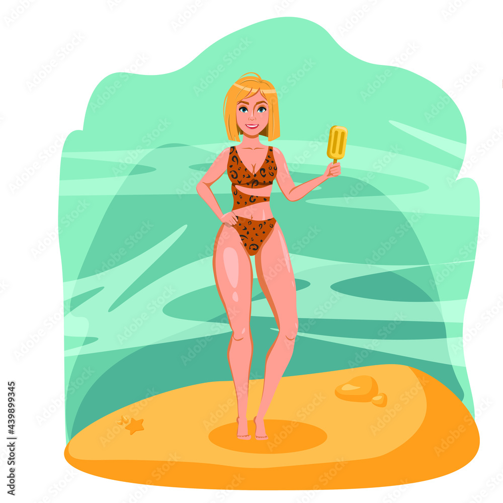 Girl resting on a tropical beach with ice cream in a leopard swimsuit. ice cream advertisement, poster, business card