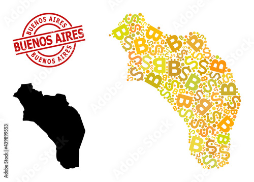 Scratched Buenos Aires stamp, and bank collage map of Argentina - La Rioja. Red round stamp contains Buenos Aires tag inside circle. Map of Argentina - La Rioja collage is composed with financial,