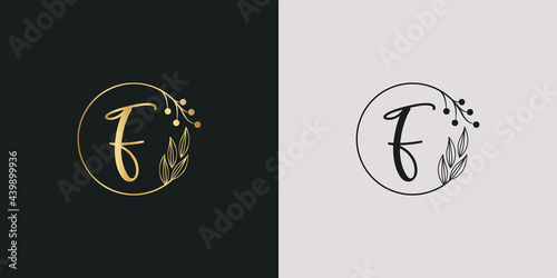 luxury golden signature letter F isolated circle with leaves ahead. vector monogram for cosmetic, restaurant, boutique, hotel , nature logo concept vector