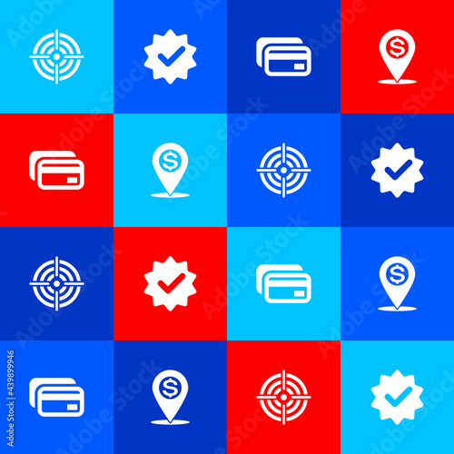 Set Target sport, Approved and check mark, Credit card and Cash location pin icon. Vector