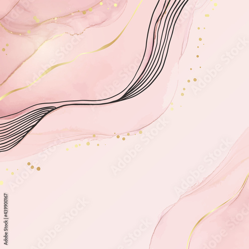 Abstract blush pink liquid watercolor background with golden glitter stains and lines. Rose marble alcohol ink drawing effect with gold foil. Vector illustration template for wedding invitation