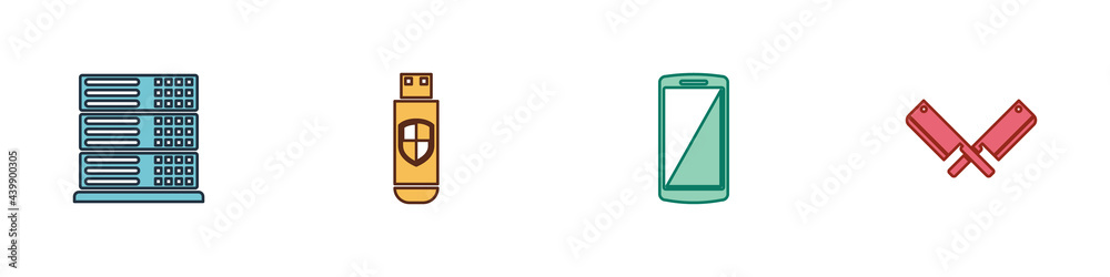 Set Server, Data, Web Hosting, USB flash drive and shield, Smartphone, mobile phone and Crossed meat chopper icon. Vector Set Server, Data, Web Hosting, USB flash drive and shield, Smartphone, mobile phone and Crossed meat chopper icon. Vector