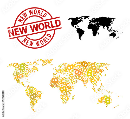 Scratched New World stamp seal  and financial mosaic map of world. Red round stamp has New World title inside circle. Map of world mosaic is done of money  funding  bitcoin yellow items.
