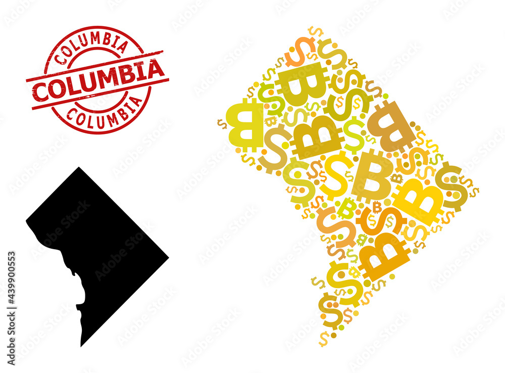 Rubber Columbia stamp seal, and currency collage map of District
