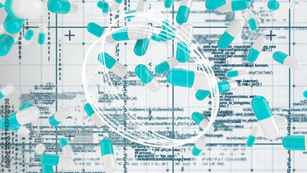 Animation of pills, scope scanning over data processing Animation of pills, scope scanning over data processing