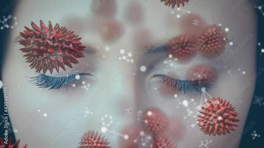 Animation of covid 19 cells and molecules over woman's face Animation of covid 19 cells and molecules over woman's face
