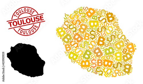 Scratched Toulouse stamp seal, and financial collage map of Reunion Island. Red round stamp seal has Toulouse tag inside circle. Map of Reunion Island collage is organized from financial, dollar,