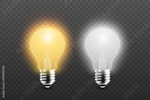 Vector 3d Realistic Yellow and White Glowing, Turned Off Electric Light Bulb Icon Set Isolated on Transparent Background. Design Template. Inspiration, Idea concept. Front View