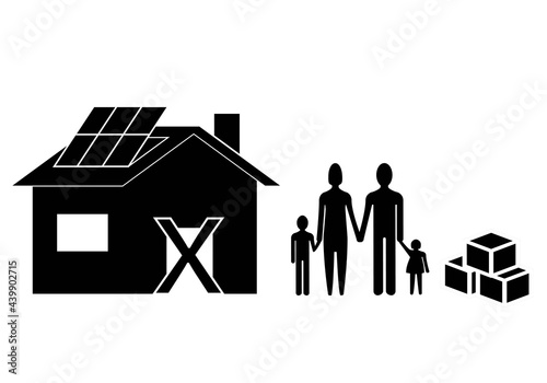 Familia desahuciada, sin hogar y con las cajas en la calle. Familia sin hogar. Pobreza