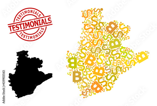 Scratched Testimonials stamp seal, and finance collage map of Barcelona Province. Red round seal includes Testimonials text inside circle. Map of Barcelona Province collage is created of finance,