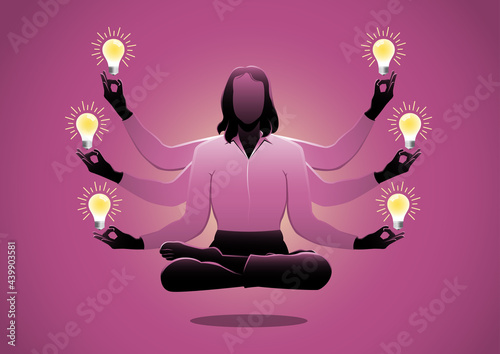 A businesswoman sitting in lotus pose meditation