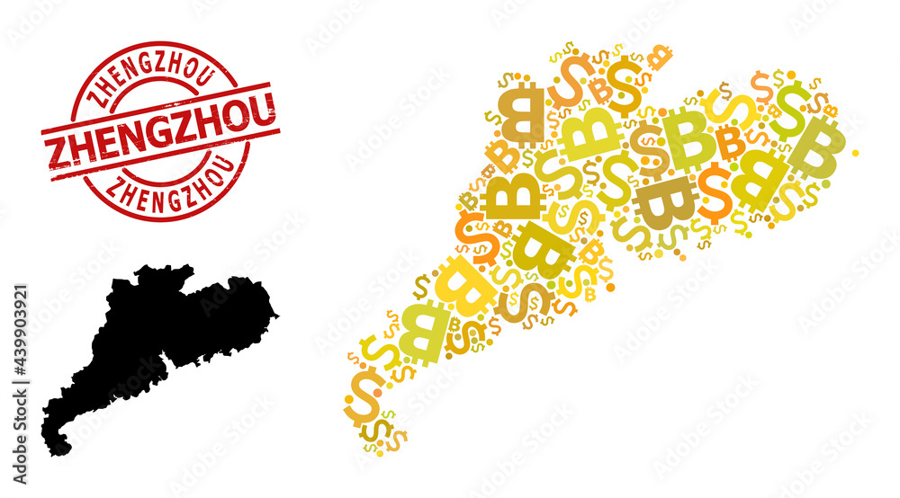 Grunge Zhengzhou seal, and bank collage map of Guangdong Province. Red round seal has Zhengzhou caption inside circle. Map of Guangdong Province collage is created with currency, dollar,