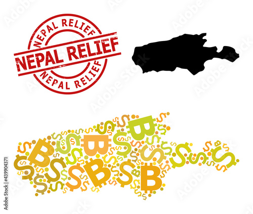 Textured Nepal Relief stamp seal, and finance mosaic map of Kangaroo Island. Red round seal contains Nepal Relief title inside circle. Map of Kangaroo Island mosaic is organized with finance, funding,