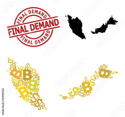 Rubber Final Demand stamp  and financial collage map of Malaysia. Red round stamp includes Final Demand text inside circle. Map of Malaysia collage is designed with financial  funding 