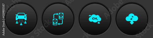 Set Car sharing, Data exchange with hhd, Methane emissions reduction and Cloud download music icon. Vector