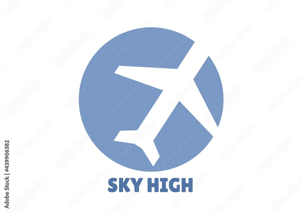 Composition of sky high text, with white aeroplane in blue circle on white