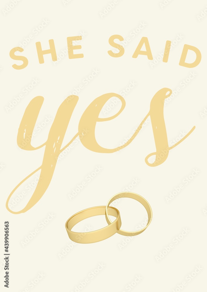 Obraz premium Composition of she said yes text with two gold wedding bands on yellow background