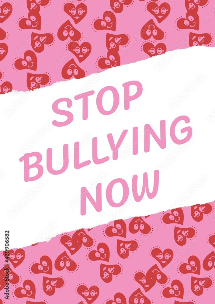 Composition of anti bullying text with hearts on pink and white background Composition of anti bullying text with hearts on pink and white background
