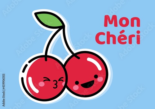 Composition of mon cheri text with smiling cherries on blue background photo