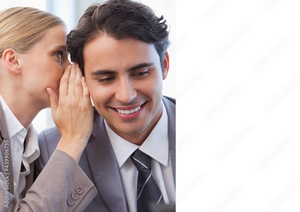 Composition of businesswoman whispering in ear of businessman Composition of businesswoman whispering in ear of businessman