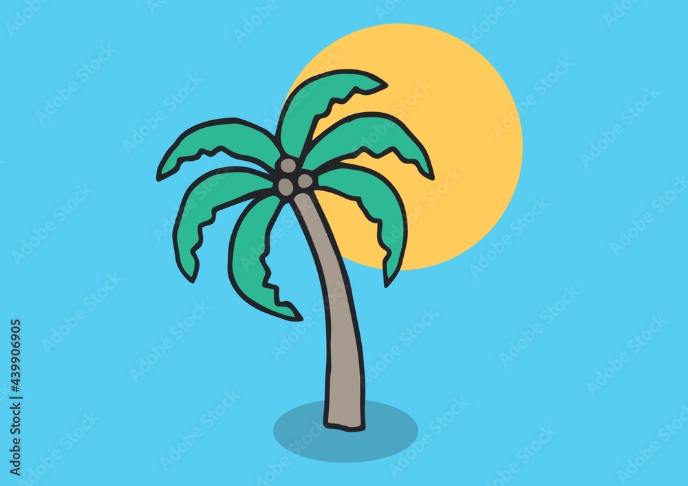 Composition of palm trees with yellow sun on blue background