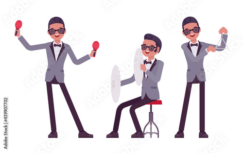 Musician, jazz, rock and roll man playing professional percussion instruments. Maraca, triangle, cymbal performer, pop music band or popular solo artist. Vector flat style cartoon illustration