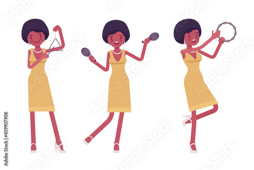 Musician, jazz, rock and roll african woman playing percussion instruments. Maraca, triangle, tambourine ethnic performer, pop music band or popular solo artist. Vector flat style cartoon illustration