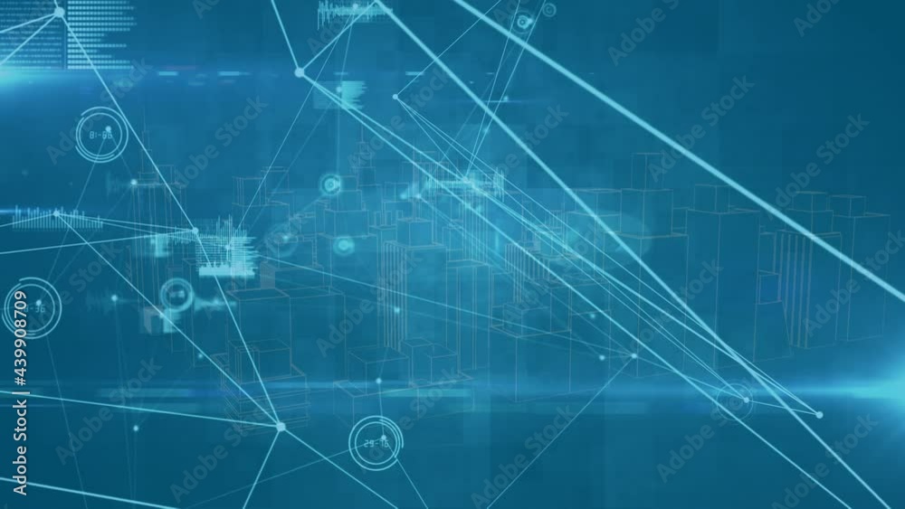 Animation of network of connections over 3d cityscape on blue background Animation of network of connections over 3d cityscape on blue background
