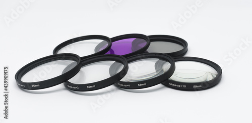 Macro camera lens, close-up, +1 +2 +4 +10, infinity white background, UV, FLD and CPL filters. photo