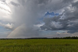 Rain clouds lit by the sun over a field after rain. bright green grass in the field. Fragment of a rainbow in the sky.
