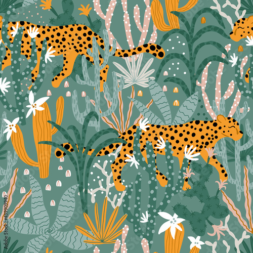 Leopard in Tropical Jungle Seamless Pattern. Vector illustrations of animal, plants, cacti, succulents in a simple cartoon hand-drawn style. Pastel earthy palette.