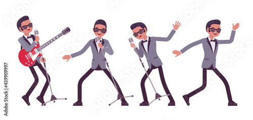 Musician, jazz, rock and roll man singing, dance or karaoke. Electro guitar performer, pop star music band or popular night club solo artist, rock concert. Vector flat style cartoon illustration