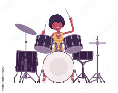 Fotografie, Obraz Musician, jazz, rock and roll african woman playing drum instrument, percussion set