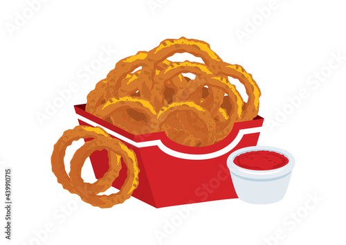 Fried onion rings with tomato dipping sauce vector. American delicacy food icon. Red box with fried onion rings icon isolated on white background