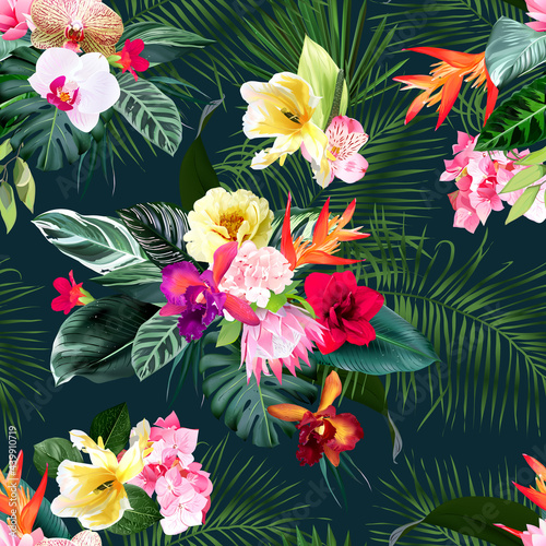 Exotic tropical flowers  orchid  strelitzia  hibiscus  protea  ylang-ylang  palm  monstera leaves vector seamless pattern.