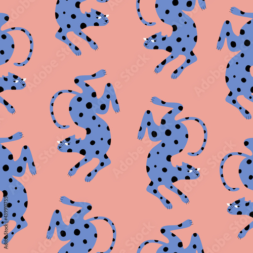 Cute blue leopard on a pink background. Wild spotted cat. Animal seamless pattern. 