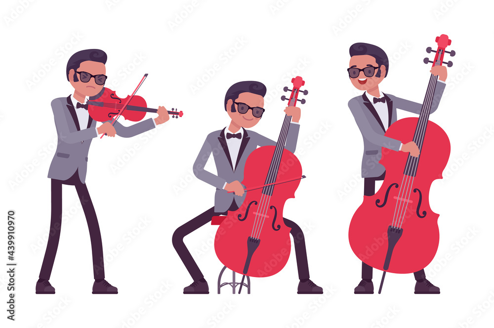 Musician, jazz, rock and roll man playing professional string instrument.  Double bass, violin, fiddle performer, pop music band or popular club solo  artist. Vector flat style cartoon illustration Stock Vector | Adobe