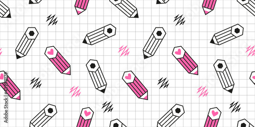Cute seamless pattern with pencils and pencil scratches on the checkered white background. Black, white and pink stationery background. Vector kids pattern with school theme.