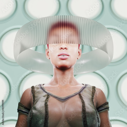 Woman with head inside technological taurus photo