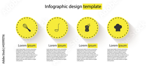Set Kitchen whisk, ladle, Sponge with bubbles and Chef hat. Business infographic template. Vector