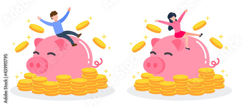 Man and woman sit on pink piggy bank with stack of golden money coins. The creative financial concept of savings, wealth, or rich. Trendy cute cartoon vector illustration. Flat style graphic design.