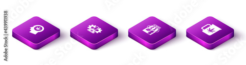 Set Isometric Head in profile with marijuana, Test tube, Marijuana and cannabis store and Cup tea icon. Vector