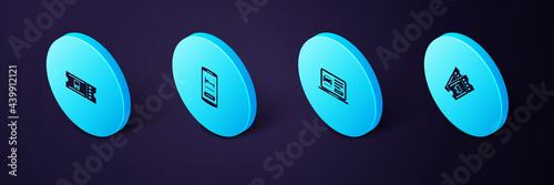 Set Isometric Bus ticket, Online car sharing, hotel booking and icon. Vector