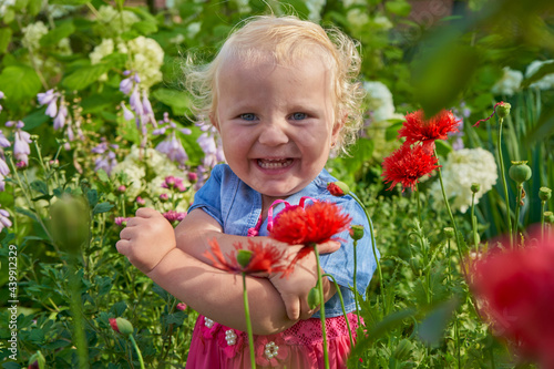 little girl laughing in flowers,happy little girl laughs in summer flowers © retbool