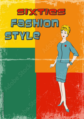 1960s Fashion Model Illustration, Vintage Trend Dress and Young Woman Model 