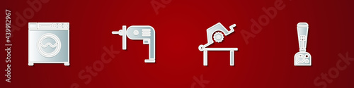 Set Washer, Electric drill machine, Table saw for woodwork and Blender icon. Vector