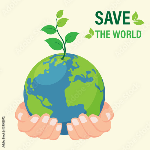 World environment banner with hand hold seed plant on earth world. vector illustration in flat design. sustainable and environmentally friendly concept.