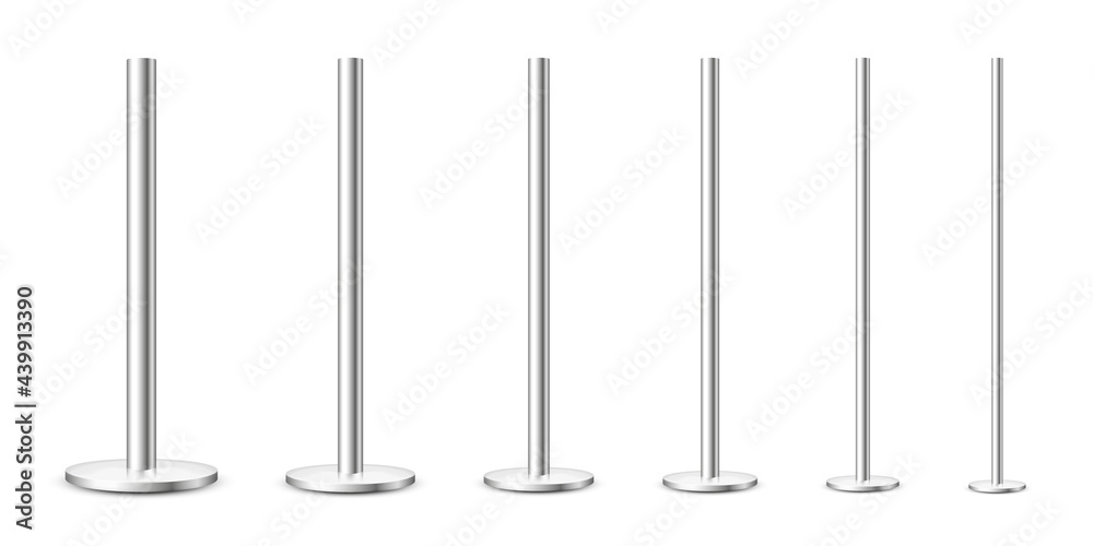 Realistic metal poles collection isolated on white background. Glossy